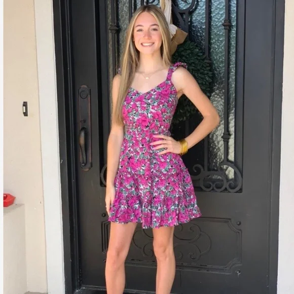 Floral Print Mini Dress Ruffle Detail Tie Back Fuchsia Green White - Picture 8 of 16